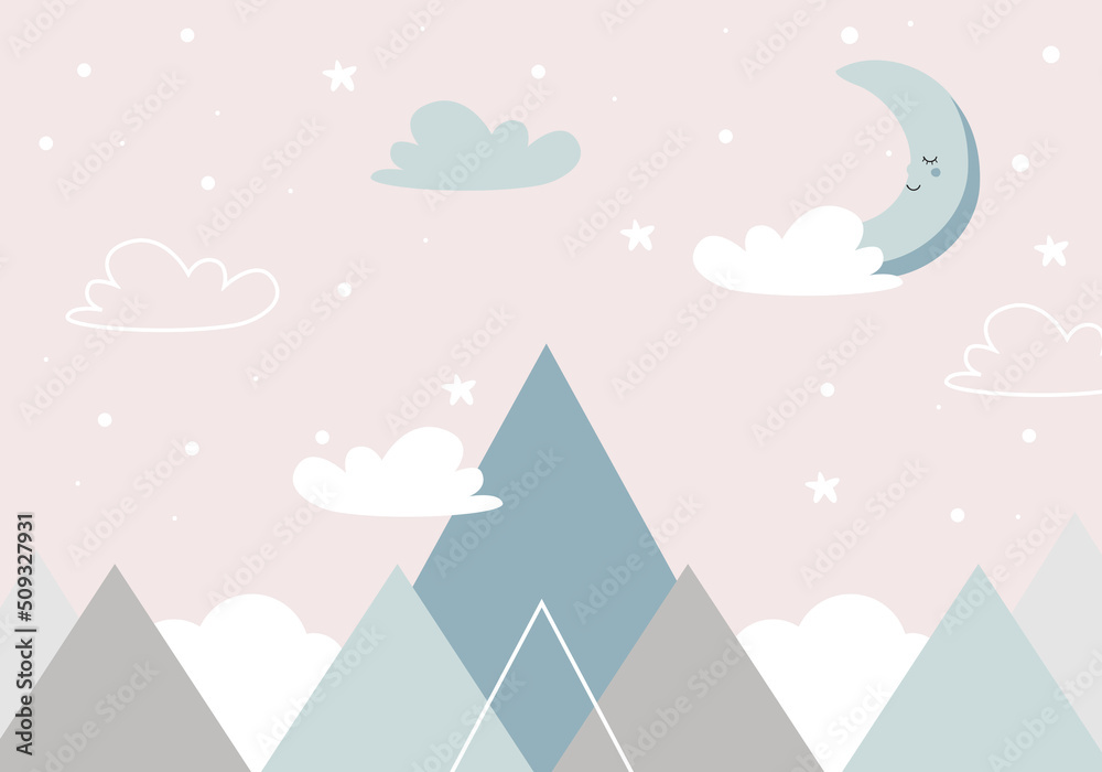 Mountains, moon and clouds in dusty pastel colors. For baby wallpapers, decor, web banners, posters. Vector illustration. Children's wallpaper. Hand drawn in scandinavian style. Mountain landscape. Mountains, moon and clouds in dusty pastel colors. For baby wallpapers, decor, web banners, posters. Vector illustration. Children's wallpaper. Hand drawn in scandinavian style. Mountain landscape.