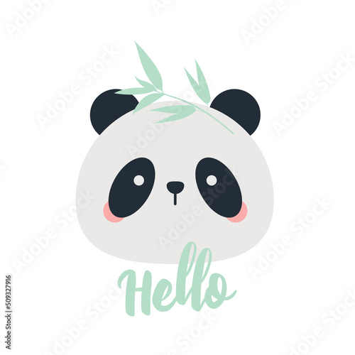 Vector cute poster with panda on white background. Kawaii panda, inscription hello, bamboo branch. Print for children's wallpaper, baby clothes, phone case, textiles, poster on the wall. Drawn by hand