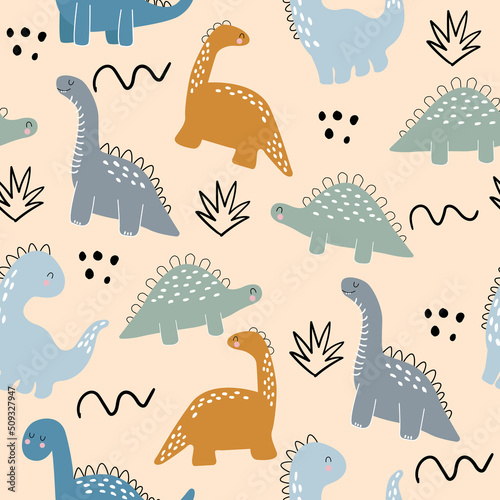 Fototapeta Naklejka Na Ścianę i Meble -  Vector hand drawn seamless pattern with cute dinosaurs. Dino, bushes, dots and doodles. Scandinavian style. For decorating a children's wall, wallpaper, clothes and textiles.