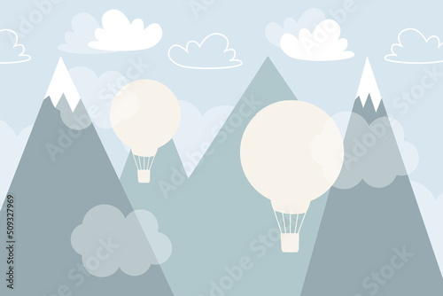 Vector hand drawn childish wallpaper with mountains, balloons and clouds. Modern 3D wallpaper for the children's room.