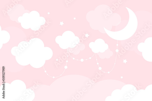 Vector hand drawn cute wallpaper with clouds, stars and moon on pink background. Wallpaper for a little princess. 3D Wallpaper.