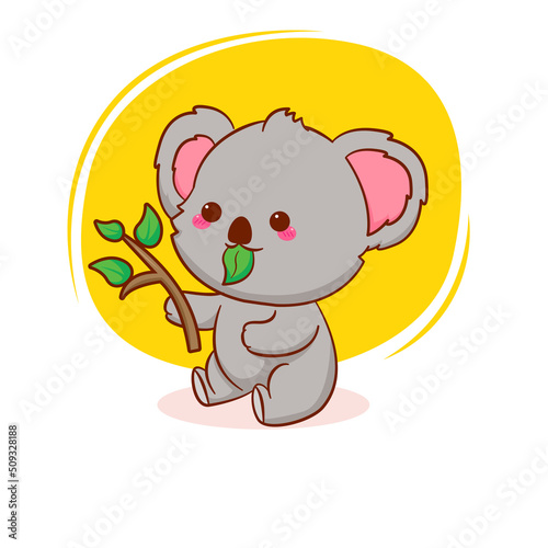 Cute koala bear eats leaves. Cartoon mascot illustration