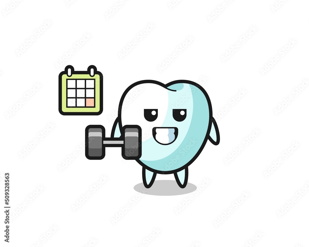 tooth mascot cartoon doing fitness with dumbbell