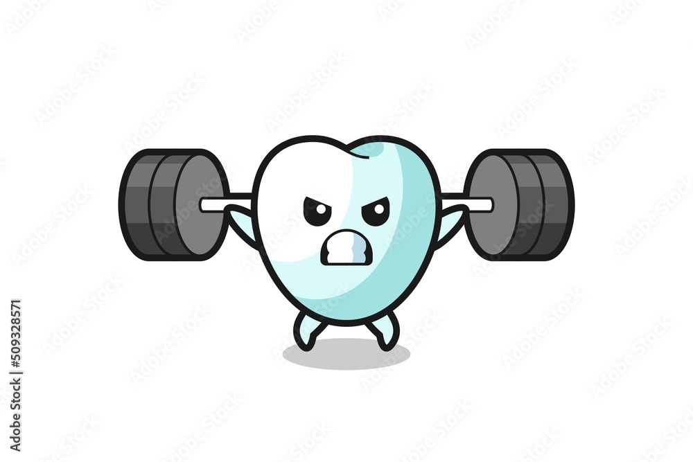 tooth mascot cartoon with a barbell tooth mascot cartoon with a barbell