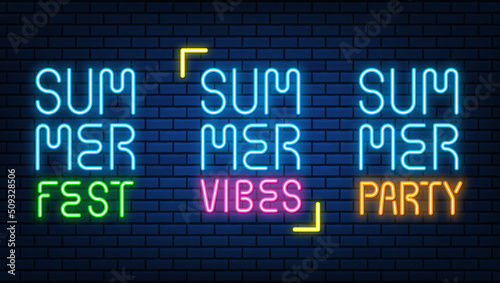 Neon summer viber text signs glowing color shining led or halogen lamps frame banners. on brick wall vector set.