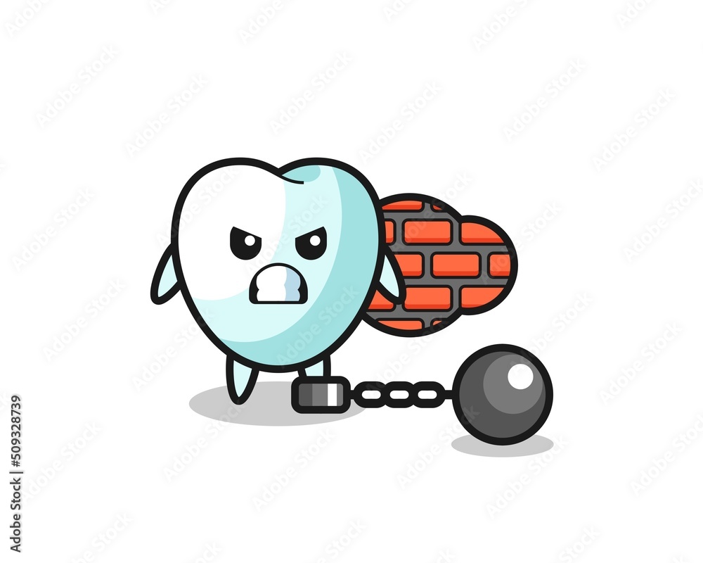 Character mascot of tooth as a prisoner