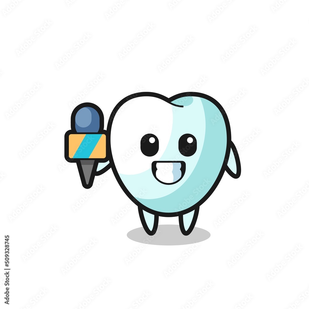 Character mascot of tooth as a news reporter