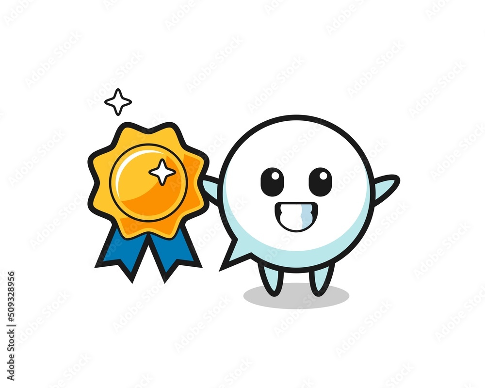 speech bubble mascot illustration holding a golden badge