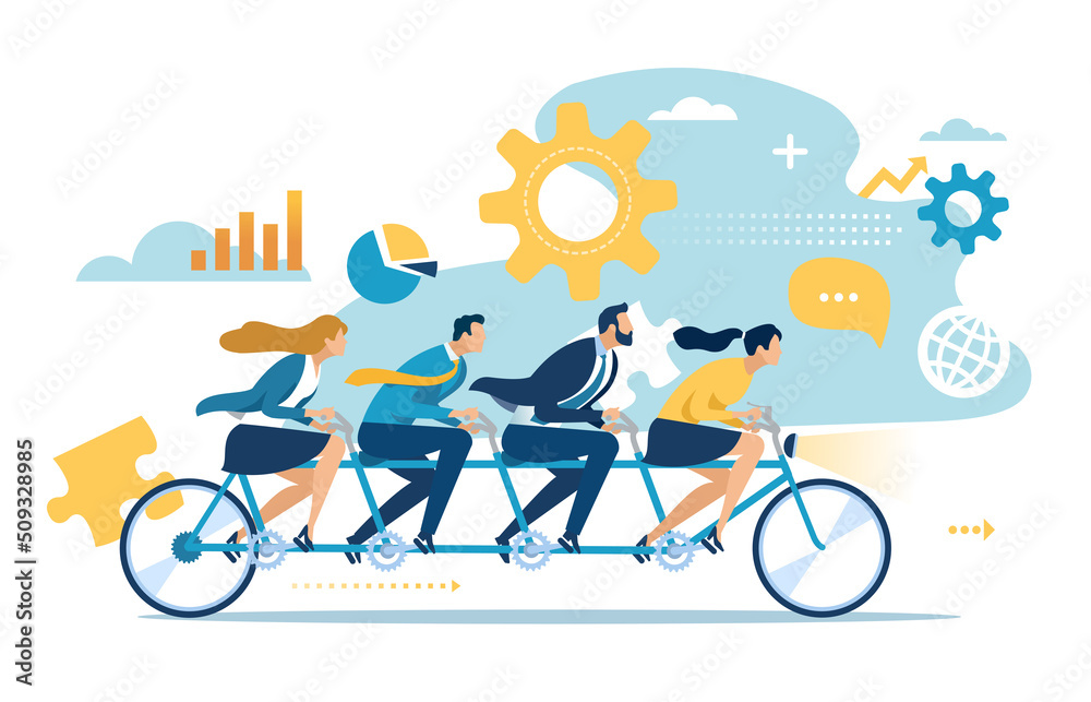 Teamwork. Chasing for success. The team pedals on a tandem bicycle