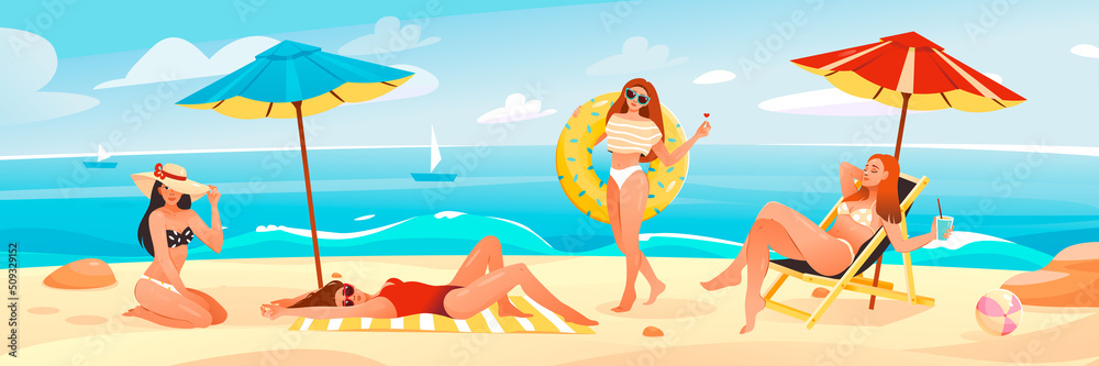 A group of girls are relaxing on the beach, sunbathing and strolling by the ocean. Cartoon characters stand out on a white background