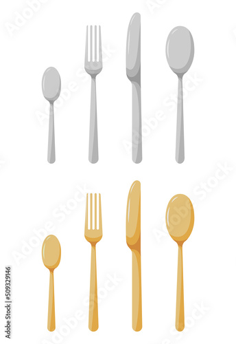 Spoon, knife and fork dishware isolated on white background icon set. Cartoon silver and gold kitchen eating tools silhouette. Flat style vector illustration.