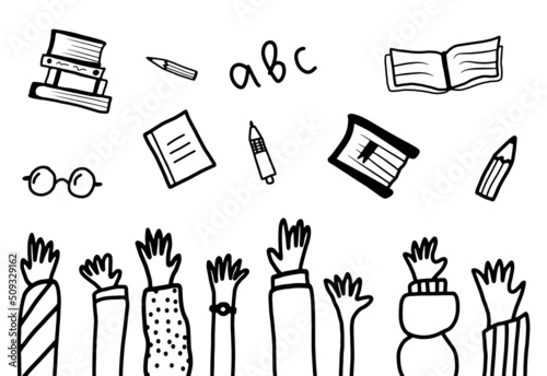 Hands raised up throwing school tools. School end concept. Simple doodle hand drawn illustration isolated on white background.