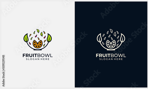 lemon fruit salad with bowl line art style logo concept template