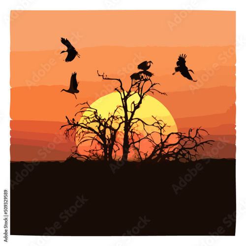 Vectorized image of backlit storks flying from a tree with a gigantic sun in the background.