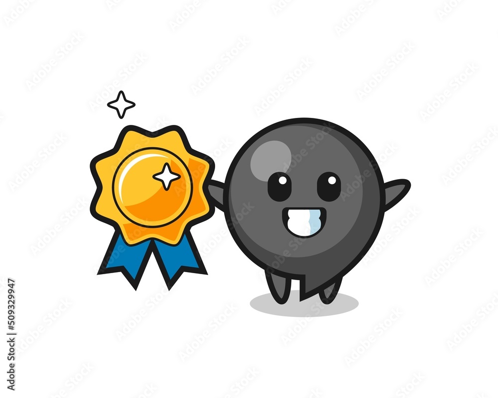 comma symbol mascot illustration holding a golden badge
