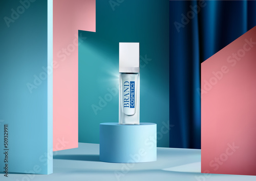 Beauty products ad on stage with blue podium . abstract background and blue curtain . Vector illustration