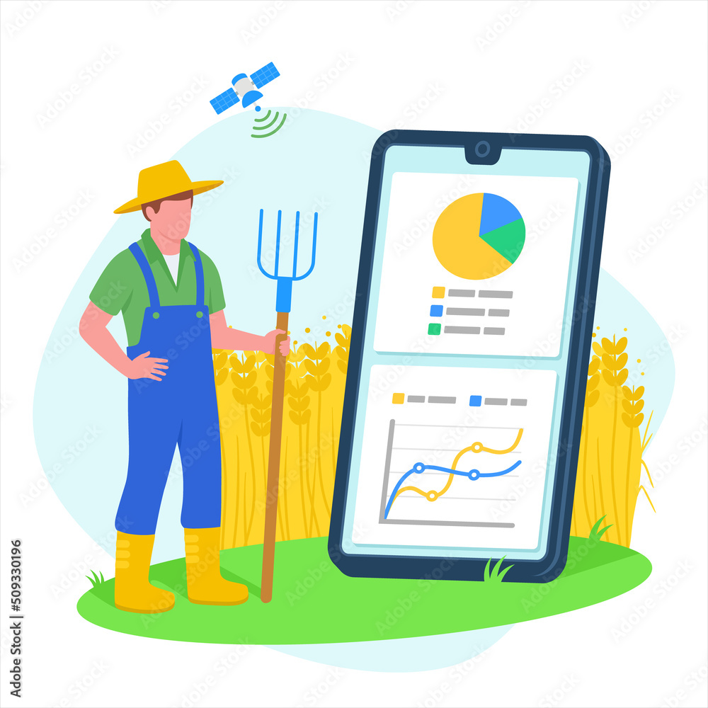 Field analytics software application for mobile. Farmer use satellite for monitoring wheat growth. Field analytics software application for mobile. Farmer use satellite for monitoring wheat growth.