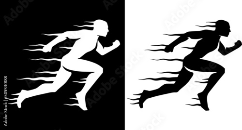 silhouette with the symbol of a person running fast with motion lines for a black and white vector logo - body symbol of the athletism and exercise 