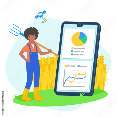 Field analytics software application for mobile. Farmer afro american woman use satellite for monitoring wheat growth.