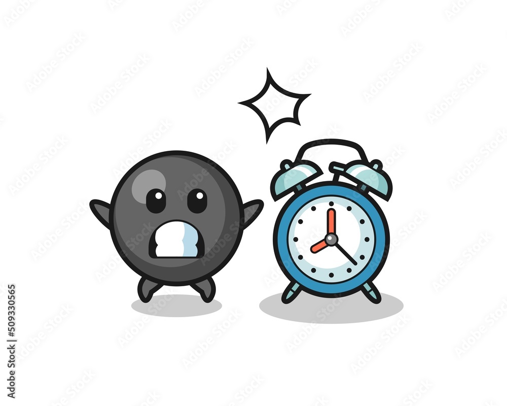 Cartoon Illustration of dot symbol is surprised with a giant alarm clock Cartoon Illustration of dot symbol is surprised with a giant alarm clock