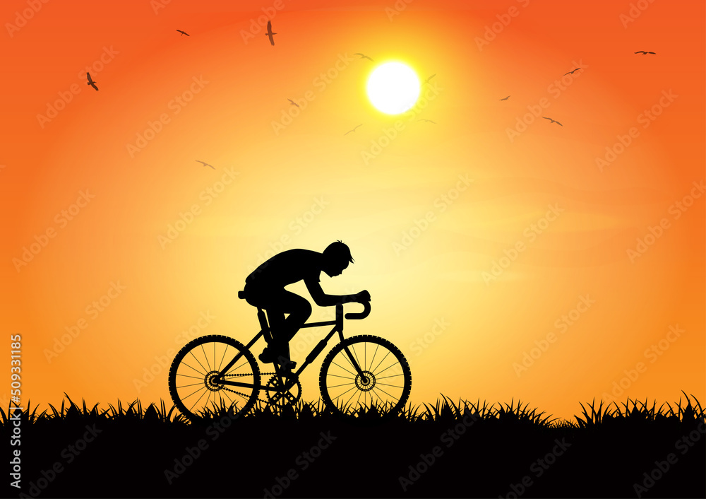 graphics image man riding a bicycle at evening with a sunset background and orange silhouette of sunset with dark grass on the ground vector illustration