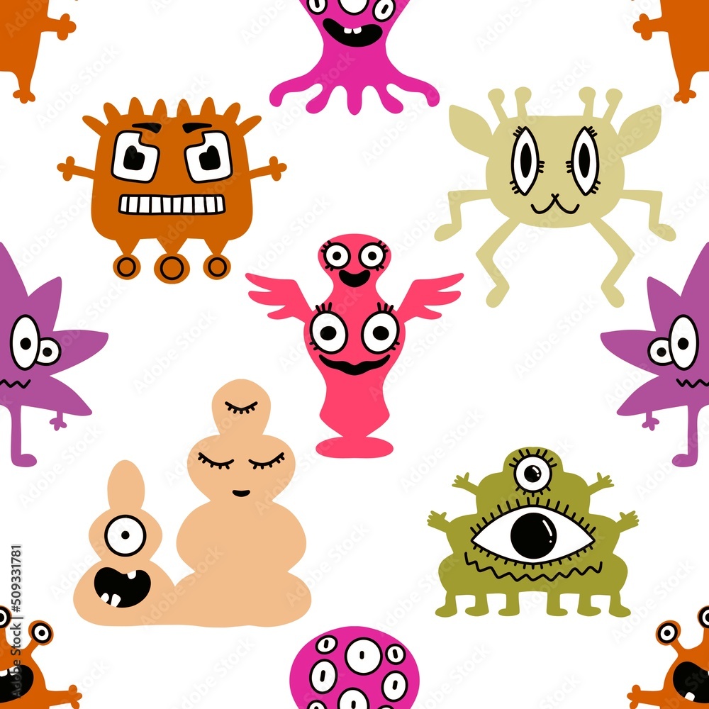 Cartoon seamless aliens and monsters pattern for kids and gifts and cards and linens and wrapping paper and fabrics Cartoon seamless aliens and monsters pattern for kids and gifts and cards and linens and wrapping paper and fabrics