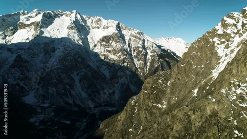 Mountains belongs to mountains range in European Alps. This is beautiful wild and rocky nature landscape panorama shot in winter season in France national park, french alps