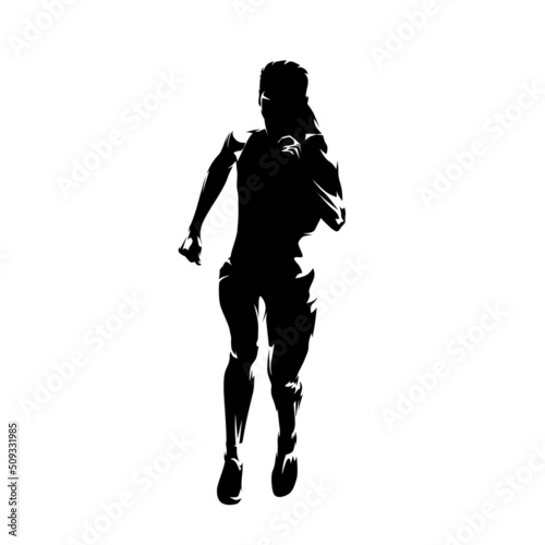 Running woman, front view. Abstract isolated vector silhouette. Female marathon runner