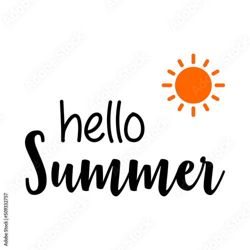 Texto manuscrito hello Summer con silueta de sol para su uso en banner y logotipos en color negro y anaranjado