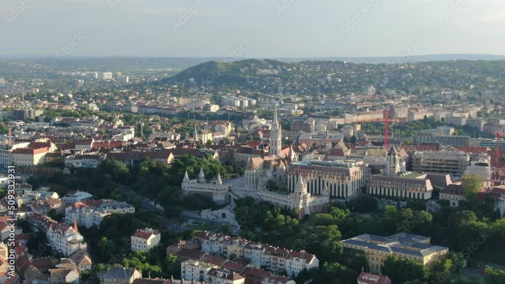 Drone shot of Matthias Church and Fisherman's Bastion, Budapest, Hungary Drone shot of Matthias Church and Fisherman's Bastion, Budapest, Hungary