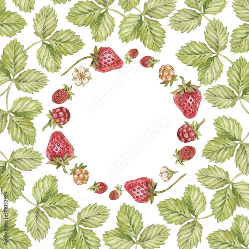 Watercolor round frame with vintage red strawberry, cloudberry, raspberry, leaves and flowers. Isolated on white.