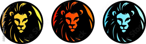 Logo of the head of a lion with the symbol of the zodiac sign of leo inside a circle for the icon of a company - versions of the drawing stamp in 3 background colors, red, blue and yellow