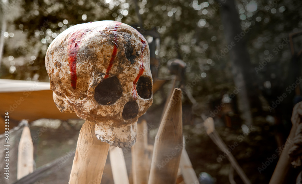 Impaled upper part of the skeleton of a human skull on a wooden pole with smeared red streaks of paint or blood