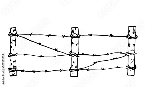 Simple hand drawn black outline vector drawing. Barbed wire fence and poles. Border, forbidden, protected area. Sketch in ink.