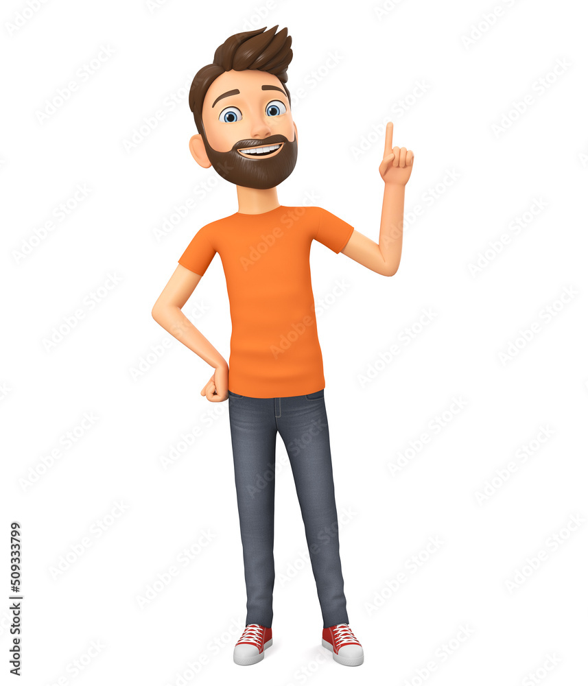 Cartoon character guy points his finger up. 3d render illustration. Cartoon character guy points his finger up. 3d render illustration.