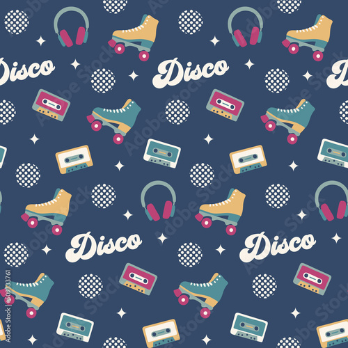 retro rollers skates cassette headphones disco groovy funky seamless pattern on dark blue background