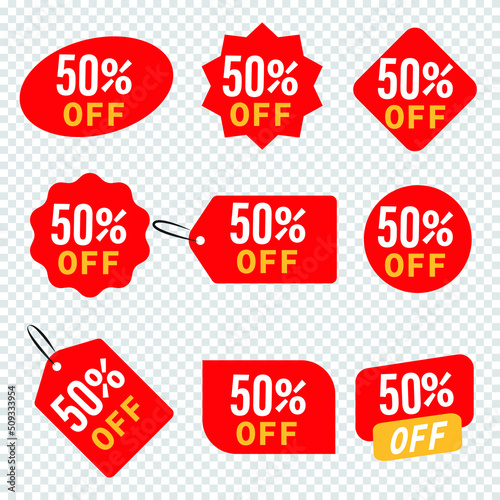 Tags set with 50 percentage discount offer. Vector promotion red labels