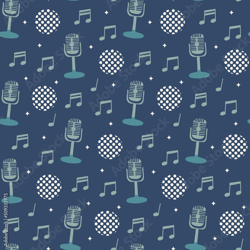 old microphones retro disco groovy funky seamless pattern on dark blue background