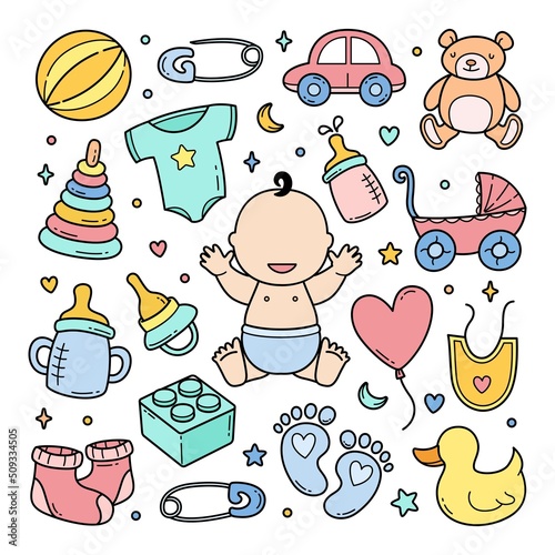 Baby accessories doodle hand drawn vector clip art objects