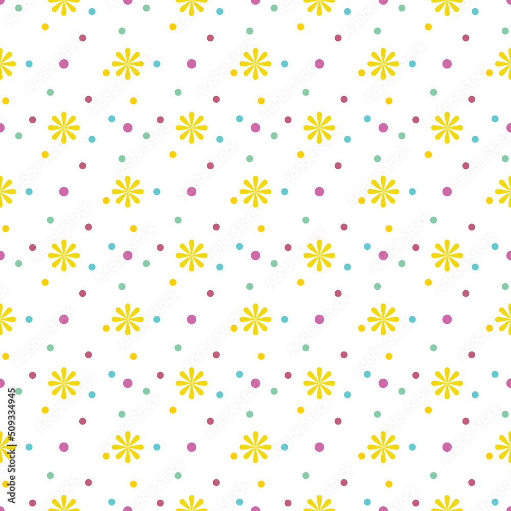 Flowers and colorful polka dots seamless pattern on a white paper