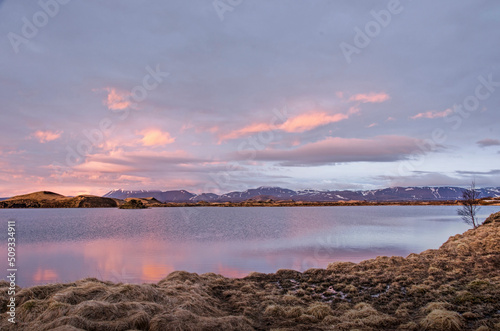 View from a grassy hill towards the landscape around lake Myvatn, Iceland, around sunset