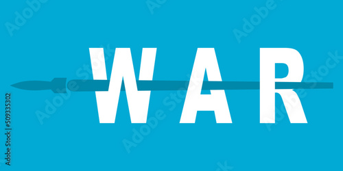Missile rocket warhead weapon launch frying air strikes with white text war on blue background icon flat vector design.