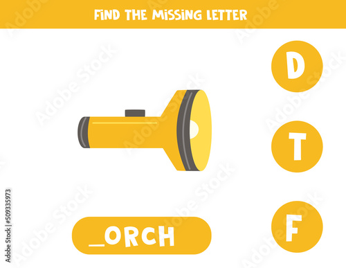 Find missing letter with cartoon torch. Spelling worksheet.