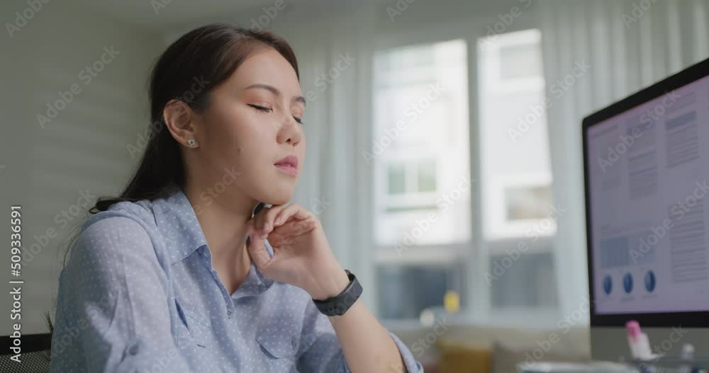 Asia people young lady remote workforce work on leave day got bad cold flu covid cough blow running nose on tissue paper sit on desk at home office. Tired unwell female freelance staff stress pain. Asia people young lady remote workforce work on leave day got bad cold flu covid cough blow running nose on tissue paper sit on desk at home office. Tired unwell female freelance staff stress pain.