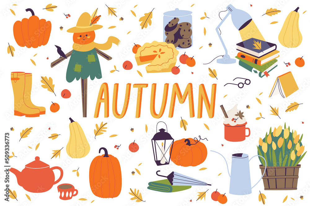 Vector illustration autumn collection. Fall cozy style. Decorative set of autumn elements and accessories. Vector illustration autumn collection. Fall cozy style. Decorative set of autumn elements and accessories.