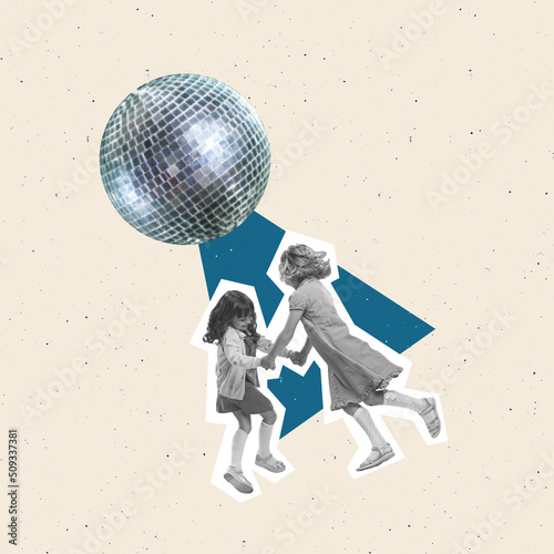 Contemporary art collage. Happy, cheerful girls, children having fun, playing, dancing under disco ball isolated over beige background photo