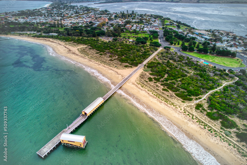 Aerial view of the Queenscliff South Pier. Victoria, Australia. May 2022