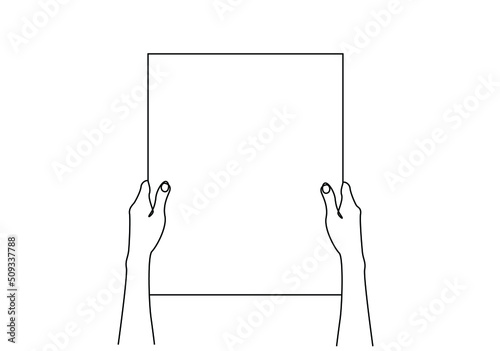 top view of one person holding a large blank paper and cardboard with both hands