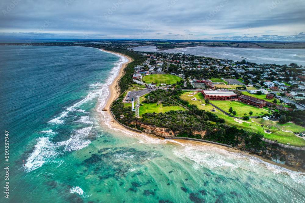 Aerial view of the old fort in Queenscliff. Victoria, Australia. May 2022
