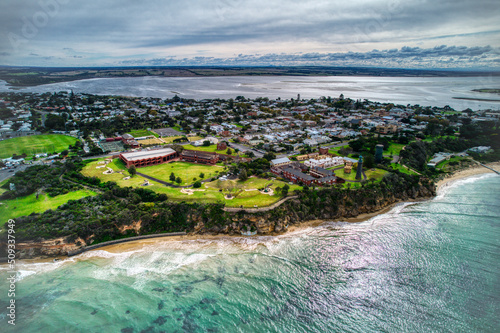 Aerial view of the old fort in Queenscliff. Victoria, Australia. May 2022 